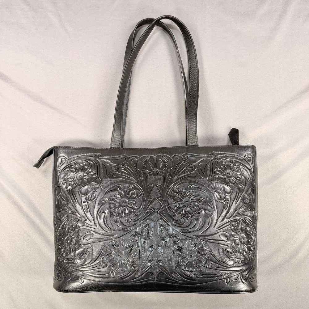 Mauzari Floral Tooled Tote Cowhide Leather Black Medium 14x10 Zip Top Bag - Picture 3 of 16